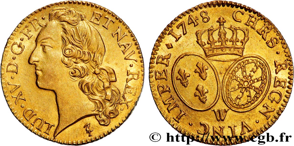LOUIS XV  THE WELL-BELOVED  Louis d’or aux écus ovales, tête ceinte d’un bandeau 1748 Lille SC