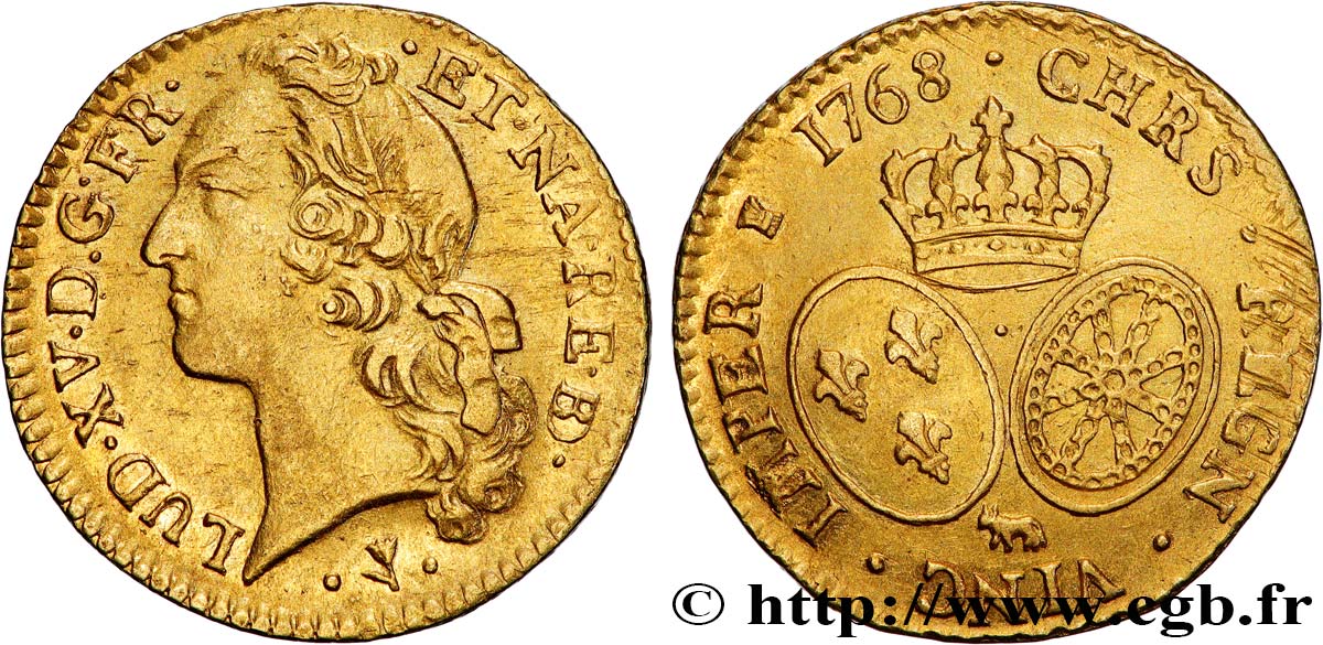 LOUIS XV THE BELOVED Louis d’or aux écus ovales, tête ceinte d’un bandeau 1768 Pau AU