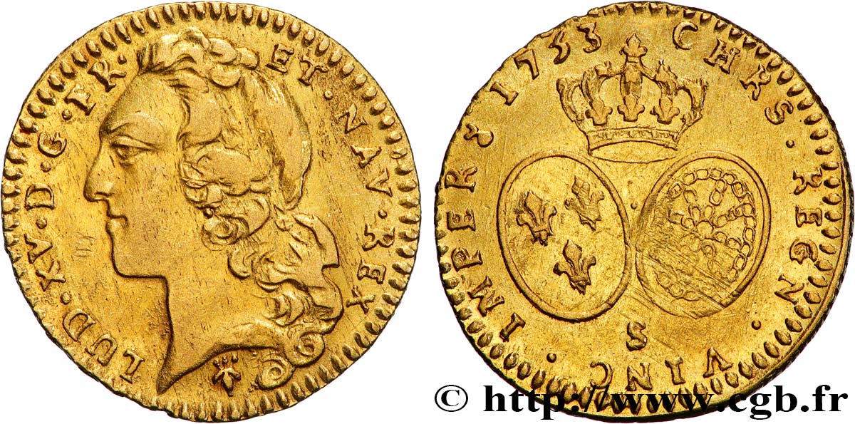 LOUIS XV  THE WELL-BELOVED  Demi-louis d’or aux écus ovales, tête ceinte d’un bandeau 1753 Reims AU