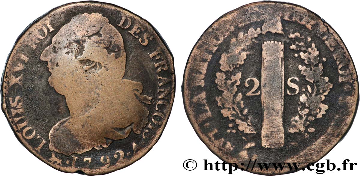 LOUIS XVI 2 sols dit  au faisceau , type FRANÇOIS 1792 Paris MB