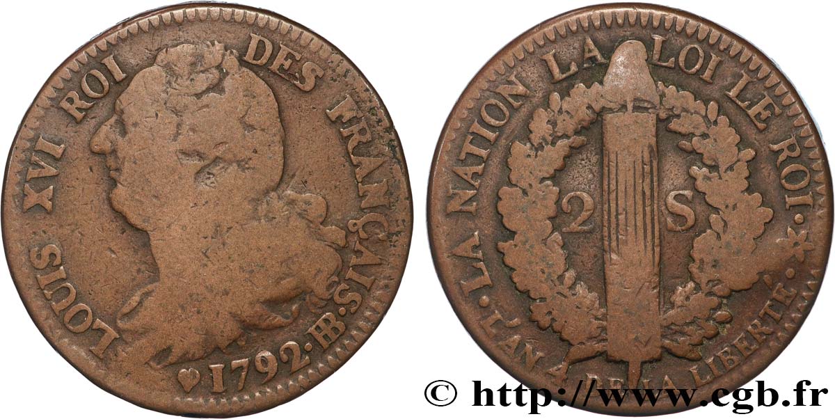 LOUIS XVI (MONARQUE CONSTITUTIONNEL)  2 sols dit  au faisceau , type FRANÇAIS 1792 Strasbourg TB+