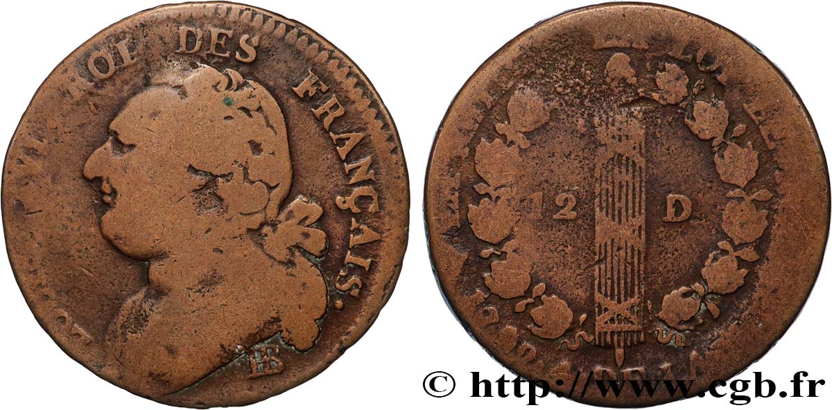 LOUIS XVI (MONARQUE CONSTITUTIONNEL)  12 deniers dit &nbsp;au faisceau&nbsp;, type FRANÇAIS 1792 Strasbourg TB
