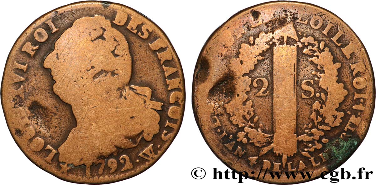 LOUIS XVI (MONARQUE CONSTITUTIONNEL)  2 sols dit  au faisceau , type FRANCOIS 1792 Lille TB
