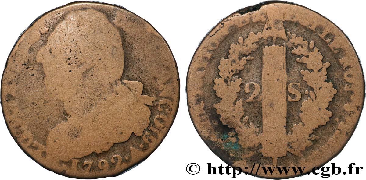 LOUIS XVI 2 sols dit  au faisceau , type FRANÇOIS 1792 Paris RC+