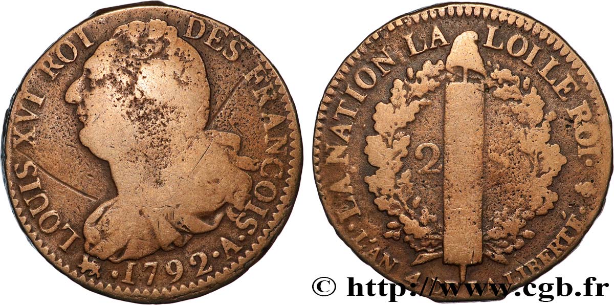 LOUIS XVI (MONARQUE CONSTITUTIONNEL)  2 sols dit &nbsp;au faisceau&nbsp;, type FRANÇOIS 1792 Paris TB+