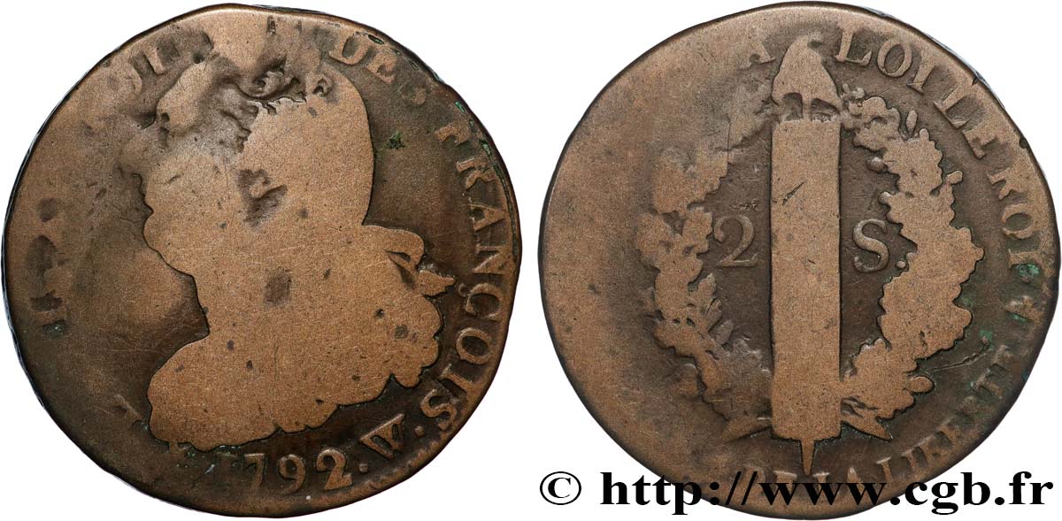 LOUIS XVI (MONARQUE CONSTITUTIONNEL)  2 sols dit  au faisceau , type FRANÇOIS 1792 Lille TB