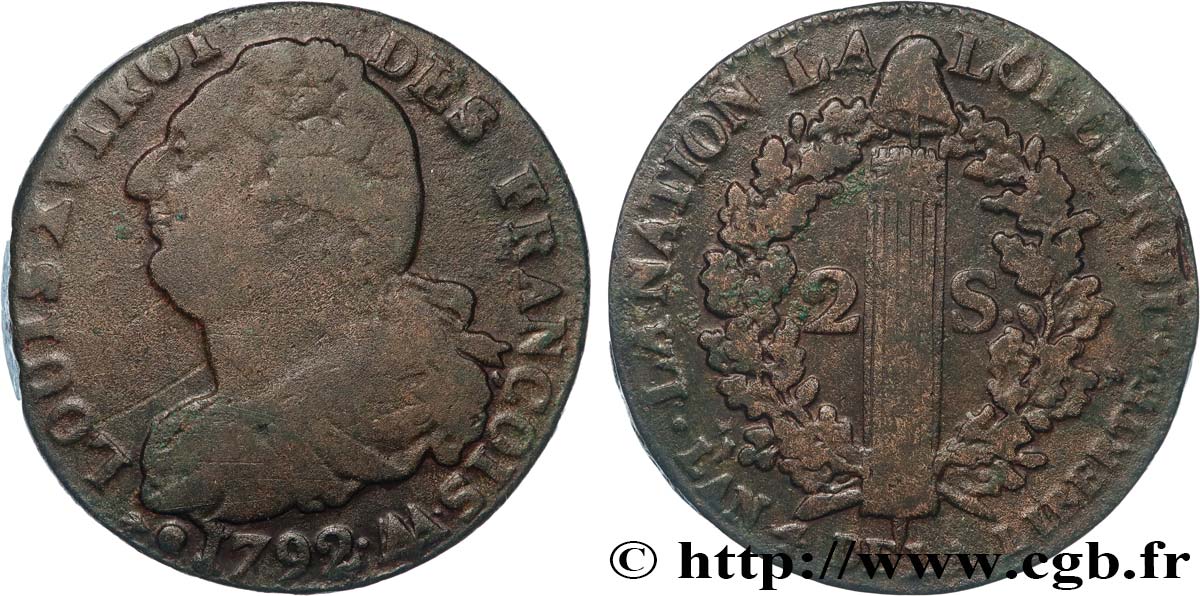 LOUIS XVI 2 sols dit  au faisceau , type FRANÇOIS 1792 Metz VF