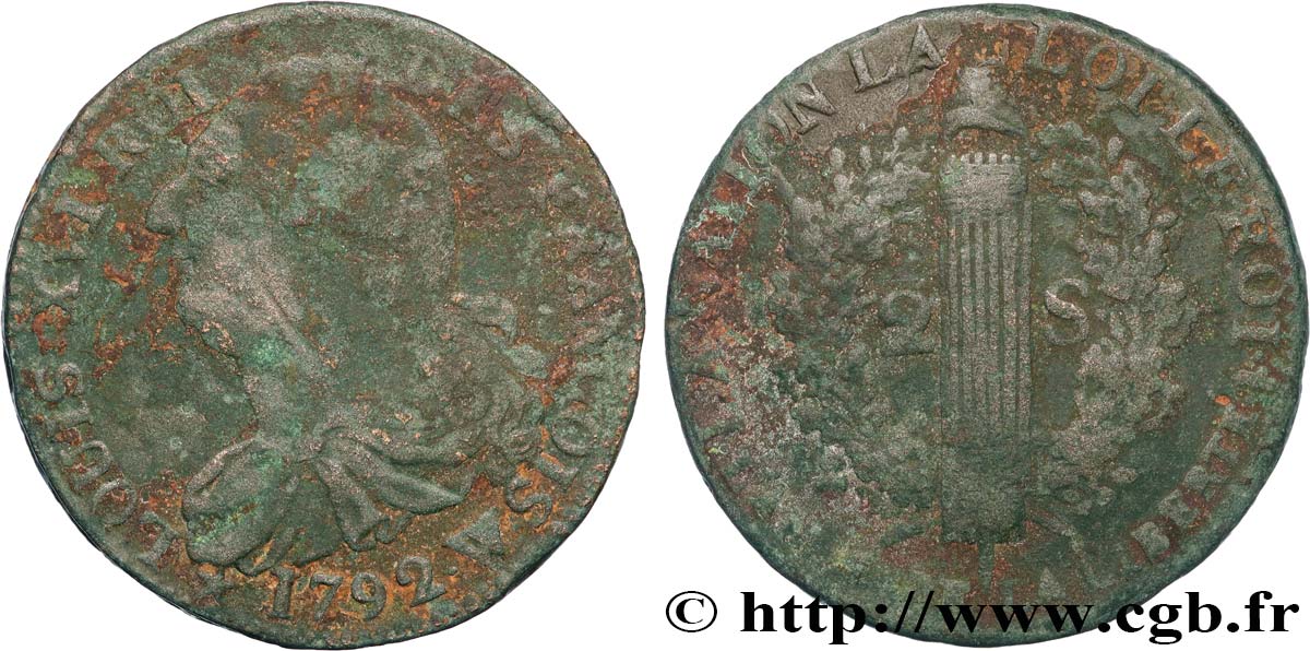 LOUIS XVI (MONARQUE CONSTITUTIONNEL)  2 sols dit  au faisceau , type FRANCOIS 1792 Lille TB