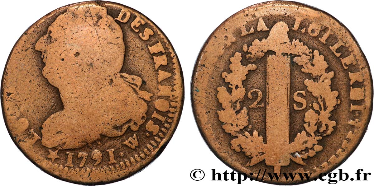 LOUIS XVI (MONARQUE CONSTITUTIONNEL)  2 sols dit  au faisceau , légende fautée FRANOIS 1791 Lille TB