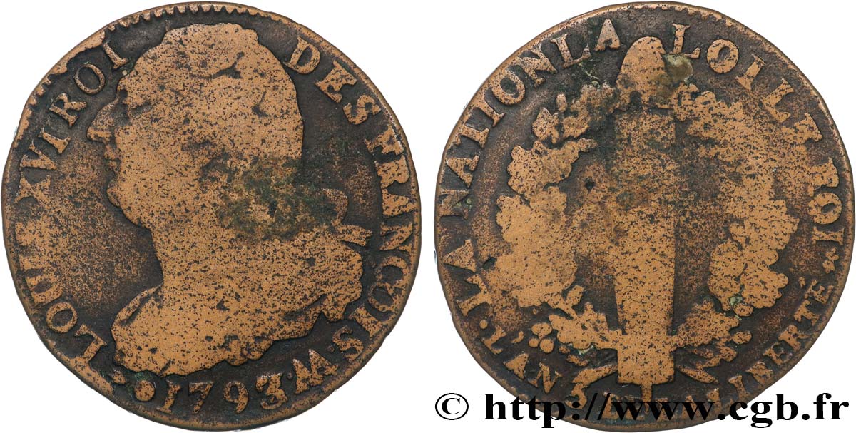 LOUIS XVI (MONARQUE CONSTITUTIONNEL)  2 sols dit  au faisceau , type FRANÇOIS 1793 Metz TB