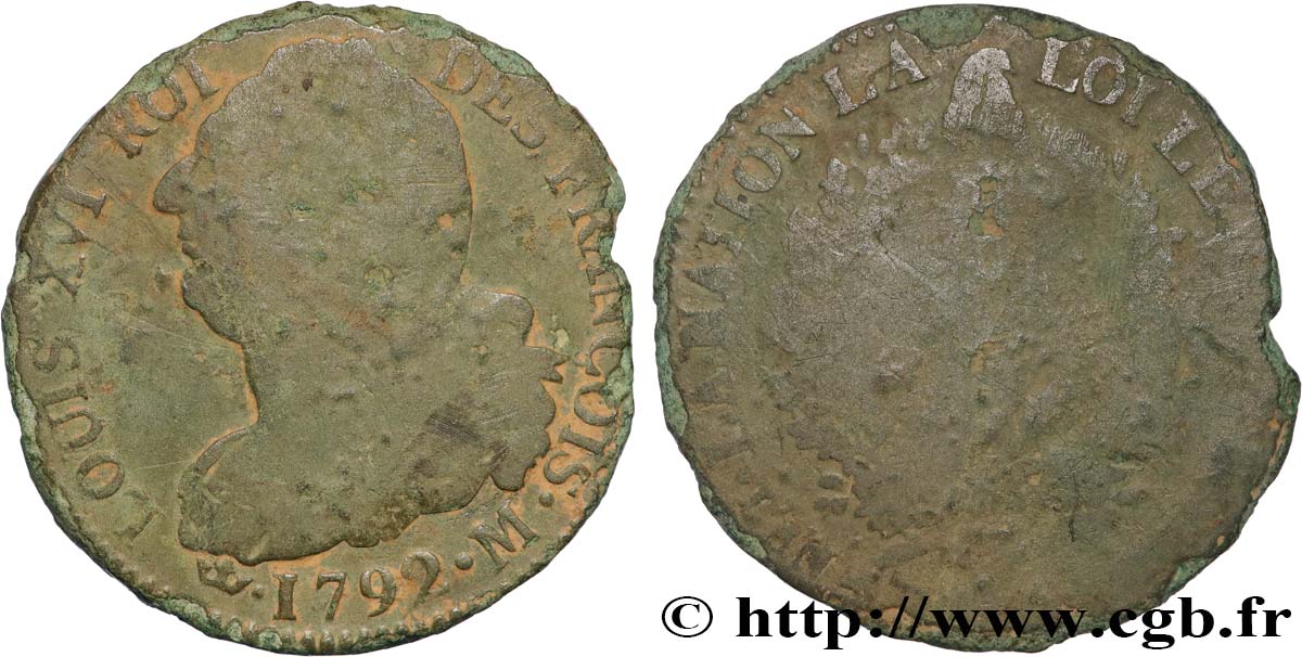 LOUIS XVI (MONARQUE CONSTITUTIONNEL)  2 sols dit &nbsp;au faisceau&nbsp;, type FRANÇOIS 1792 Toulouse TB