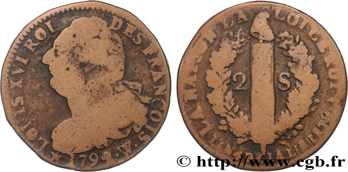 LOUIS XVI (MONARQUE CONSTITUTIONNEL)  2 sols dit  au faisceau , type FRANCOIS 1792 Lille TB+
