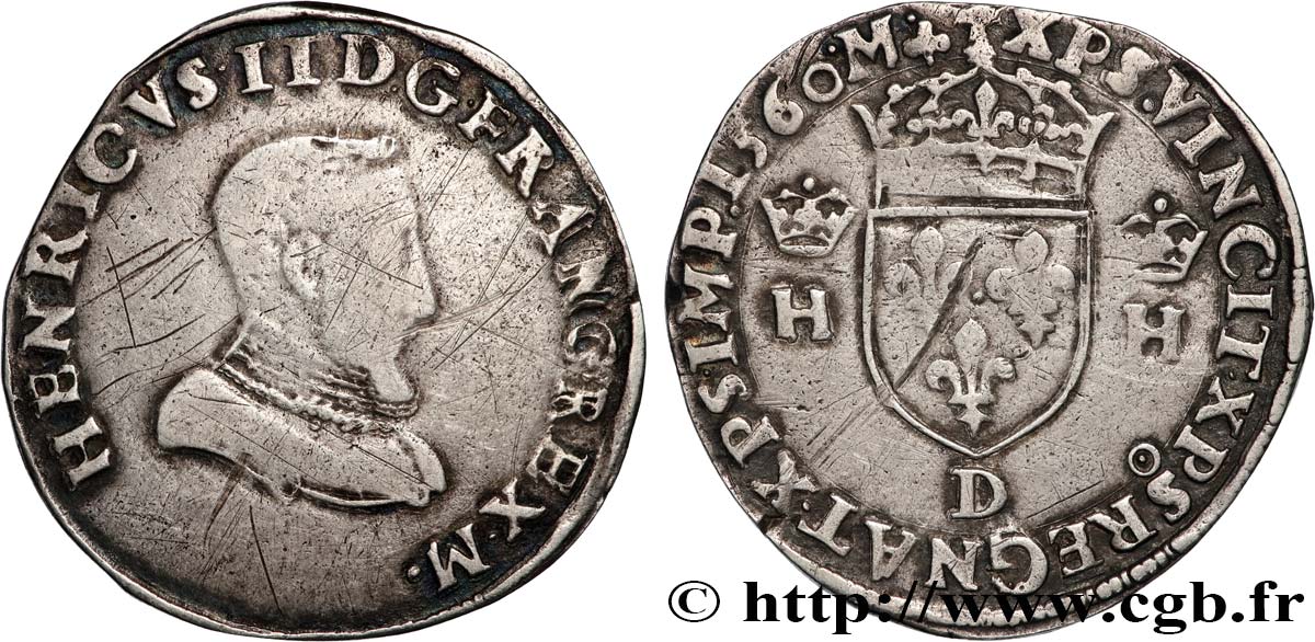 FRANÇOIS II. MONNAYAGE AU NOM D HENRI II Demi-teston à la tête nue, 1er type 1560 Lyon TB+/TTB