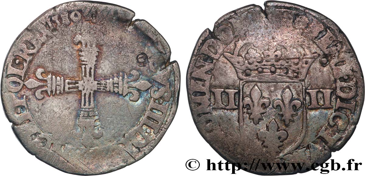 HENRI III Quart d écu, croix de face 1580 Nantes TB/TB+