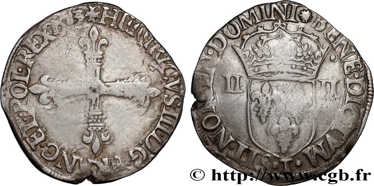 HENRI III Quart d écu, croix de face 1583 Nantes TB+/TTB