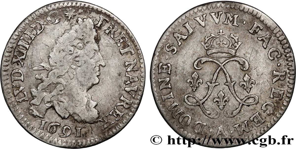 LOUIS XIV  THE SUN KING  Quatre sols aux deux L 1691 Paris fSS/SS