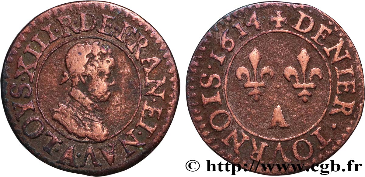 LOUIS XIII  Denier tournois, type 1 1614 Paris BC+