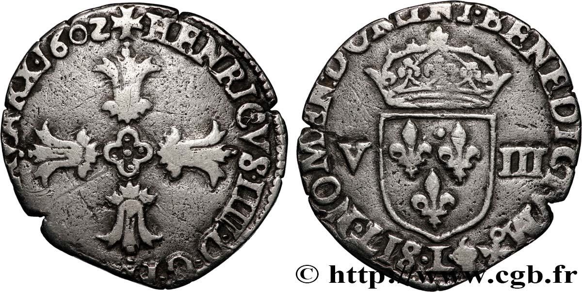 HENRI IV LE GRAND Huitième d écu, croix feuillue de face 1602 Bayonne TB+