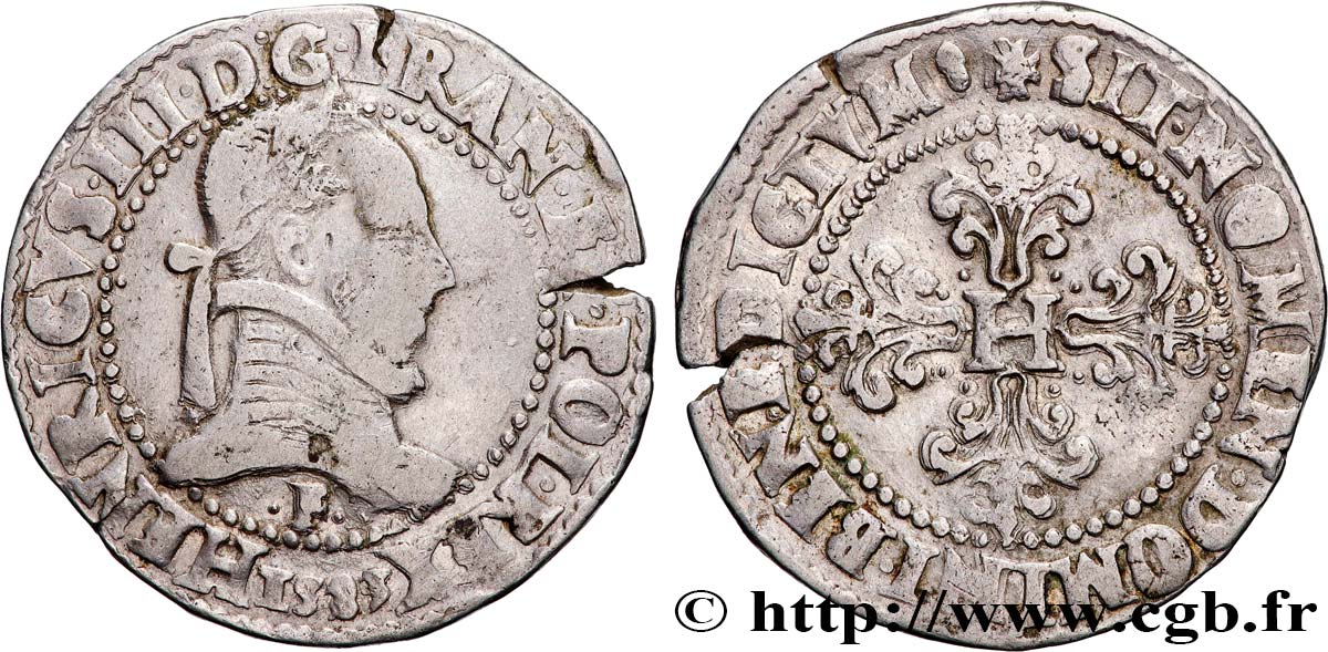 HENRY III Franc au col plat 1583 Angers VF/XF