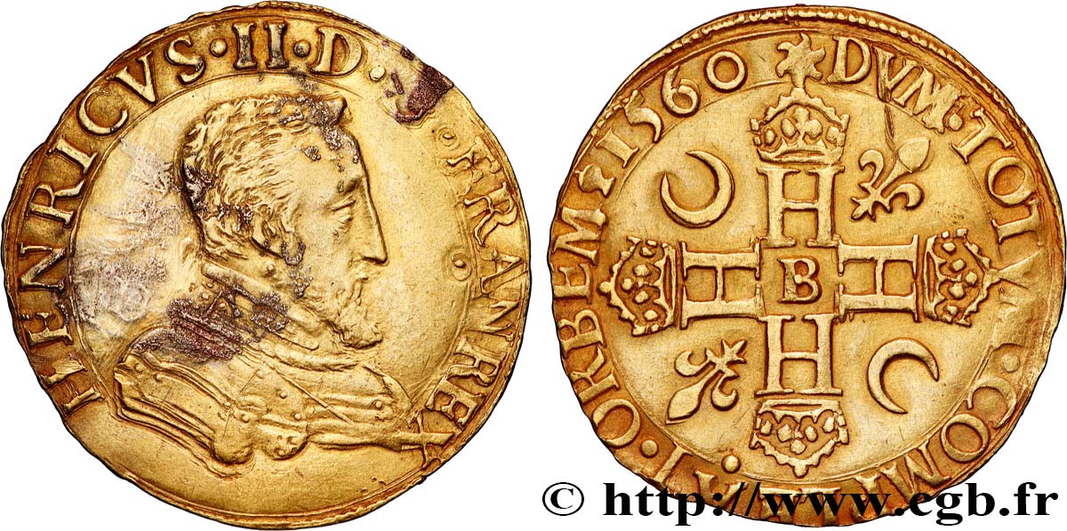 FRANCIS II. COINAGE IN THE NAME OF HENRY II Double henri d or, 1er type 1560 Rouen XF/AU