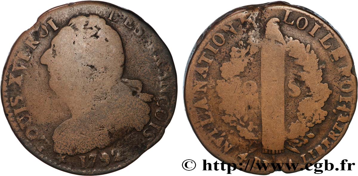 LOUIS XVI 2 sols dit  au faisceau , type FRANÇOIS 1792 Marseille VF