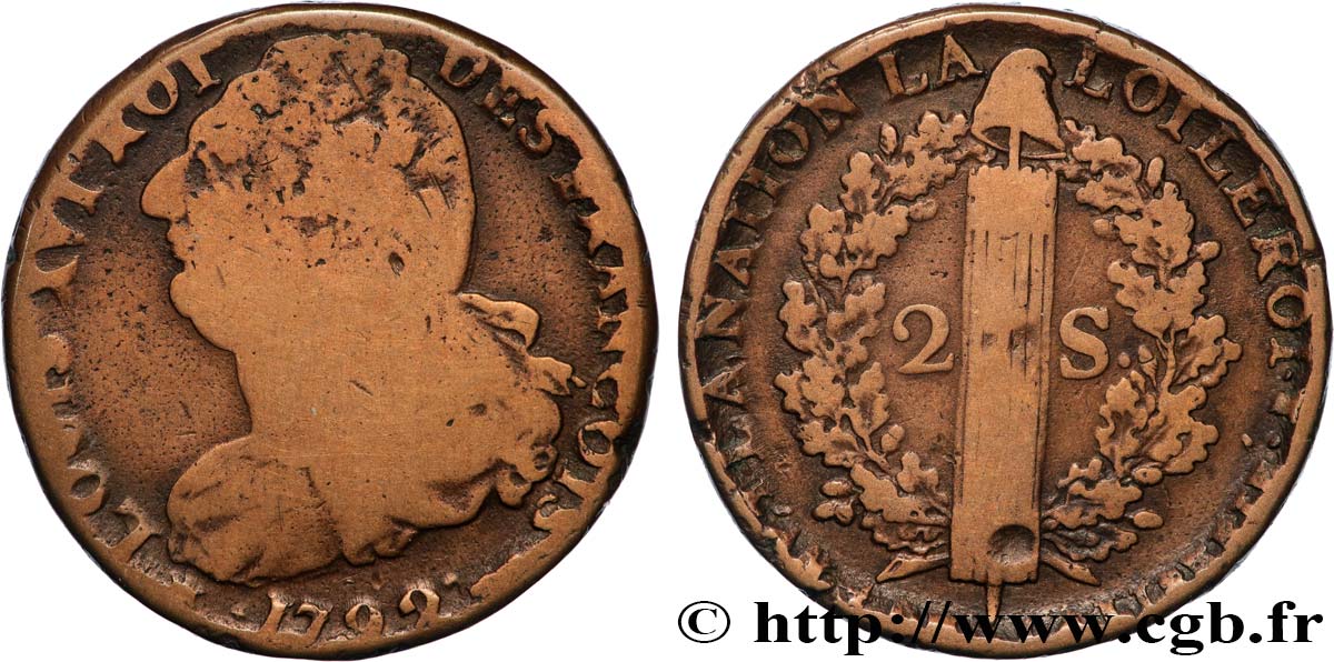 LOUIS XVI 2 sols dit  au faisceau , type FRANÇOIS 1792 Toulouse VF