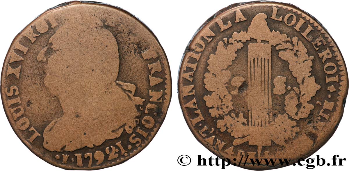 LOUIS XVI 2 sols dit  au faisceau , type FRANÇOIS 1792 Clermont-Ferrand BC