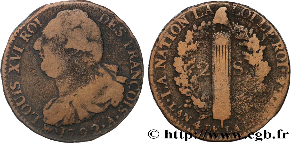 LOUIS XVI (MONARQUE CONSTITUTIONNEL)  2 sols dit  au faisceau , type FRANÇOIS 1792 Paris TB+