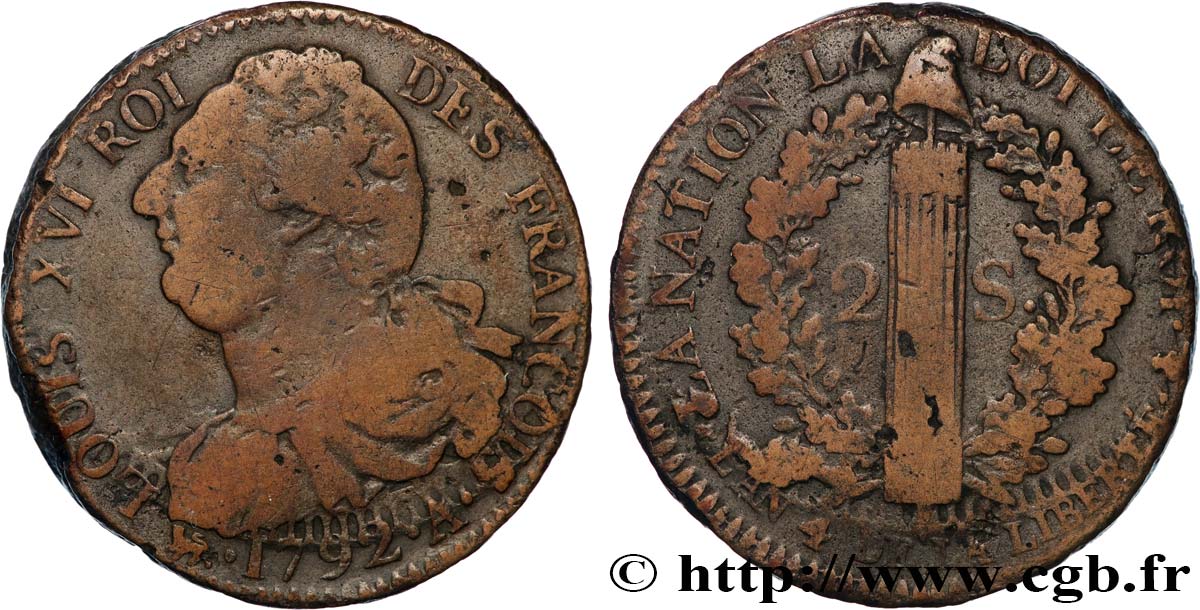 LOUIS XVI 2 sols dit  au faisceau , type FRANÇOIS 1792 Paris BC+