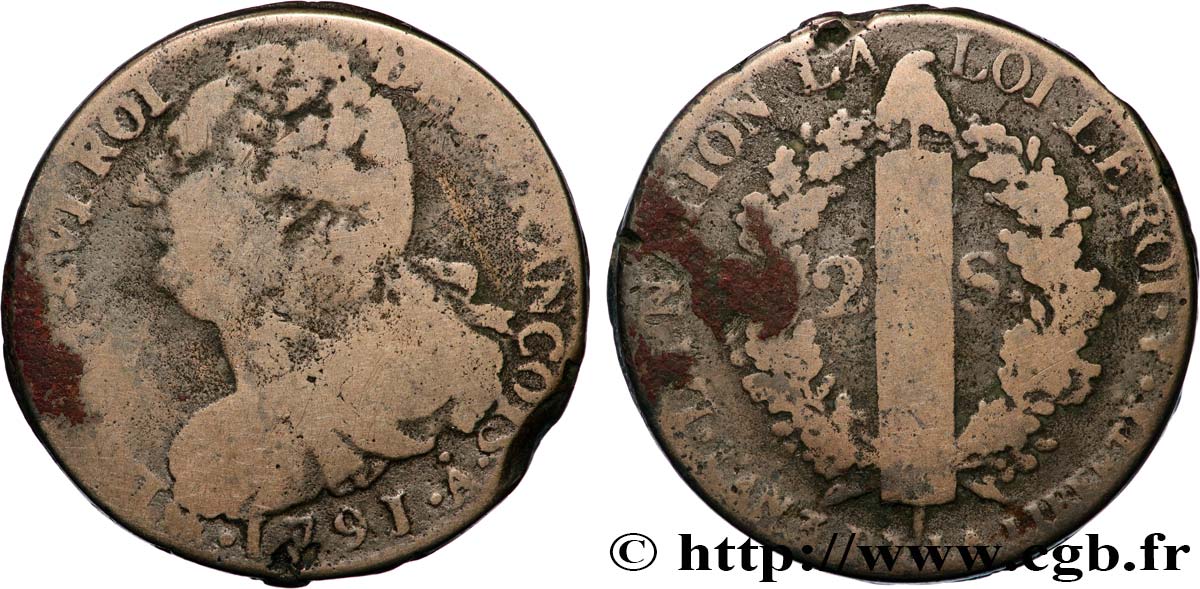 LOUIS XVI (MONARQUE CONSTITUTIONNEL)  2 sols dit  au faisceau , type FRANÇOIS 1791 Paris TB