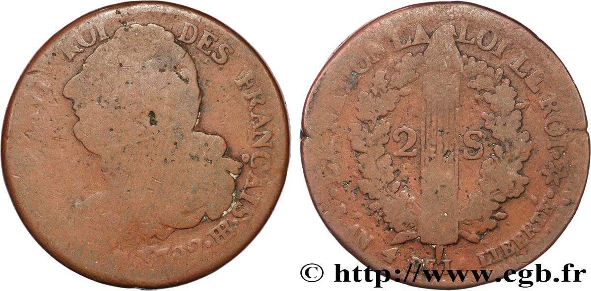 LOUIS XVI (MONARQUE CONSTITUTIONNEL)  2 sols dit  au faisceau , type FRANÇAIS 1792 Strasbourg B+/TB