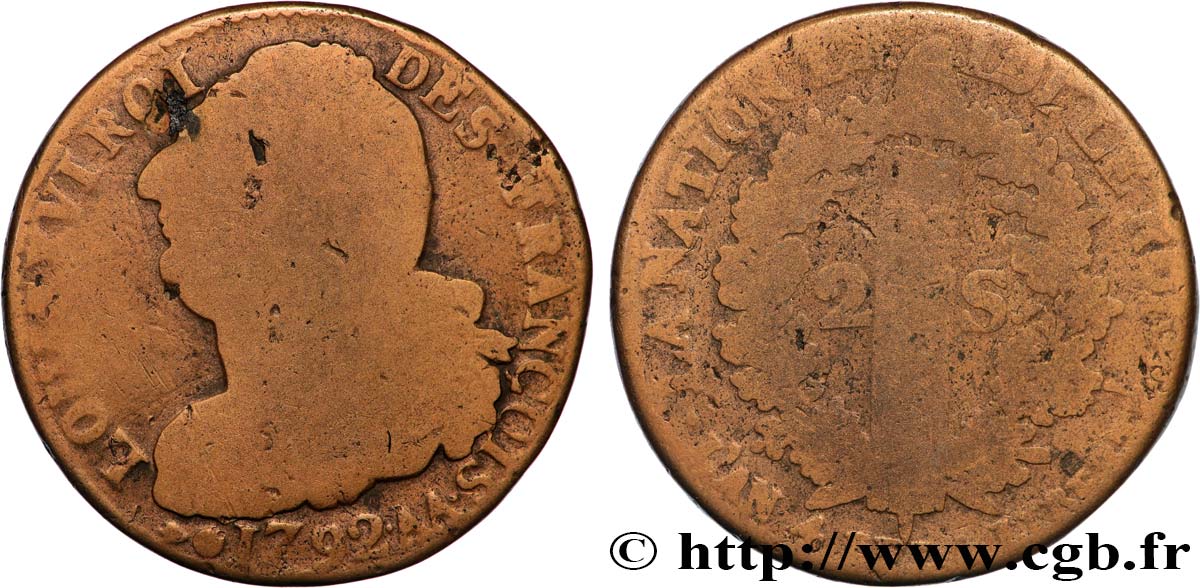 LOUIS XVI (MONARQUE CONSTITUTIONNEL)  2 sols dit  au faisceau , type FRANÇOIS 1792 Metz B+