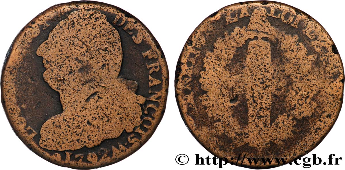 LOUIS XVI 2 sols dit  au faisceau , type FRANÇOIS 1792 Metz RC+