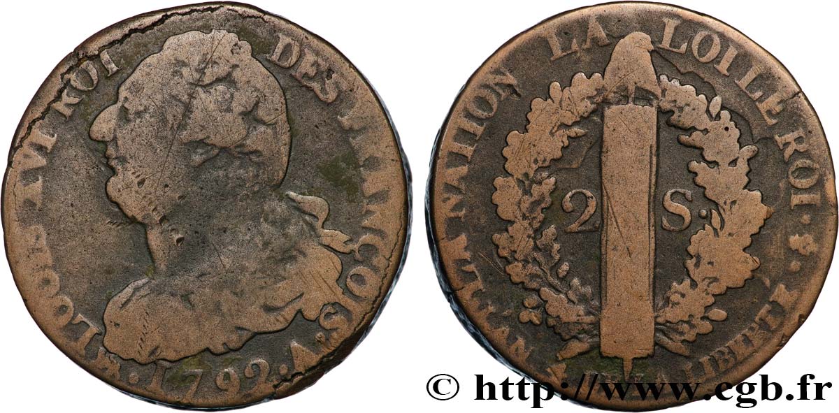 LOUIS XVI (MONARQUE CONSTITUTIONNEL)  2 sols dit &nbsp;au faisceau&nbsp;, type FRANÇOIS 1792 Paris TB+