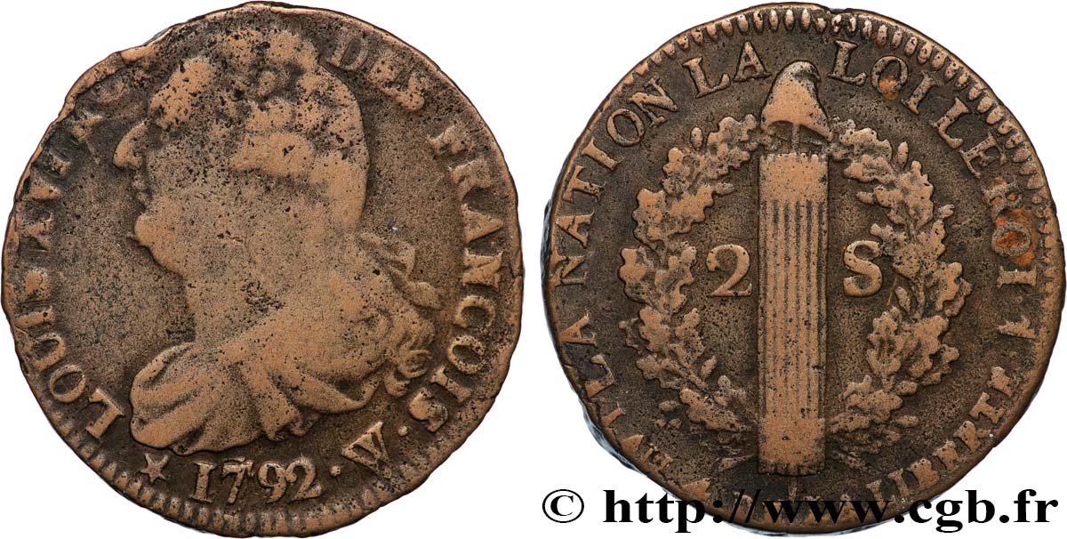 LOUIS XVI (MONARQUE CONSTITUTIONNEL)  2 sols dit  au faisceau , type FRANCOIS 1792 Lille TB+