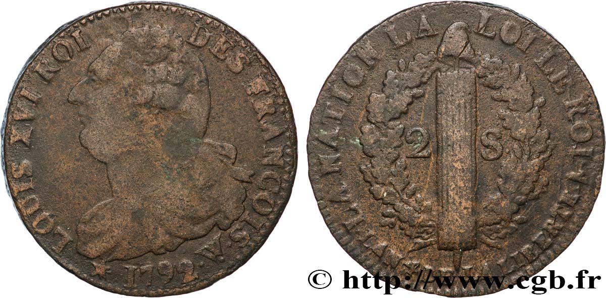 LOUIS XVI (MONARQUE CONSTITUTIONNEL)  2 sols dit  au faisceau , type FRANCOIS 1792 Arras TB+