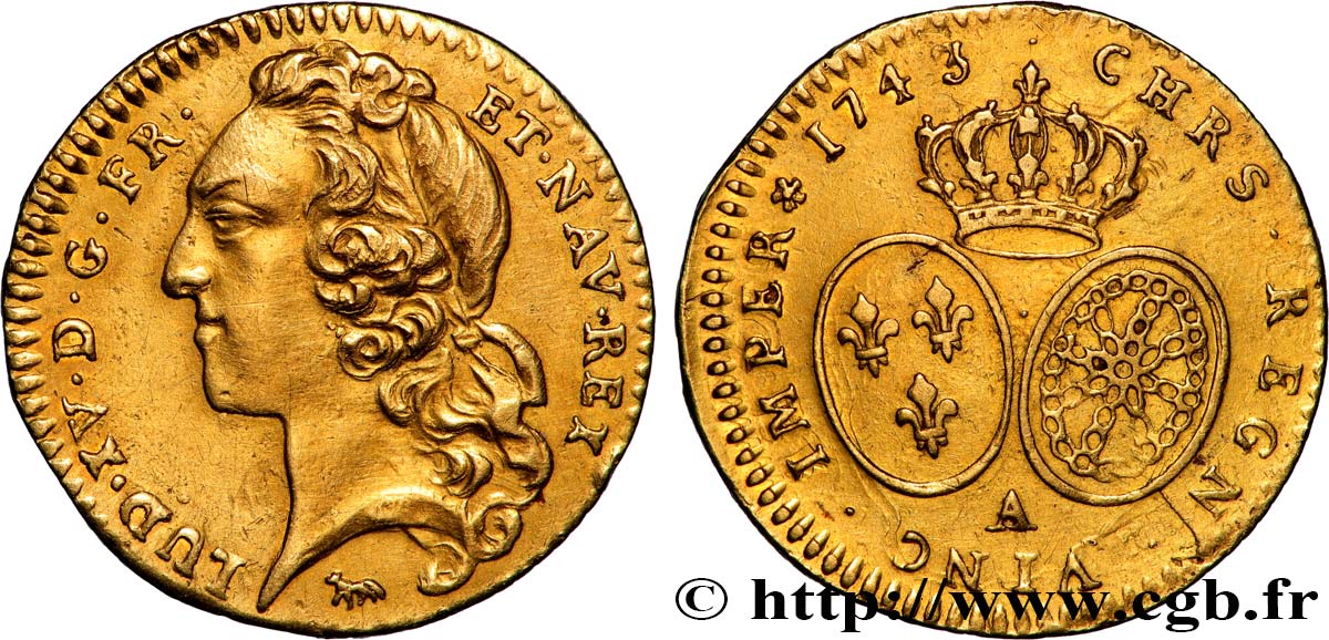 LOUIS XV  THE WELL-BELOVED  Demi-louis d’or aux écus ovales, tête ceinte d’un bandeau 1743 Paris VZ