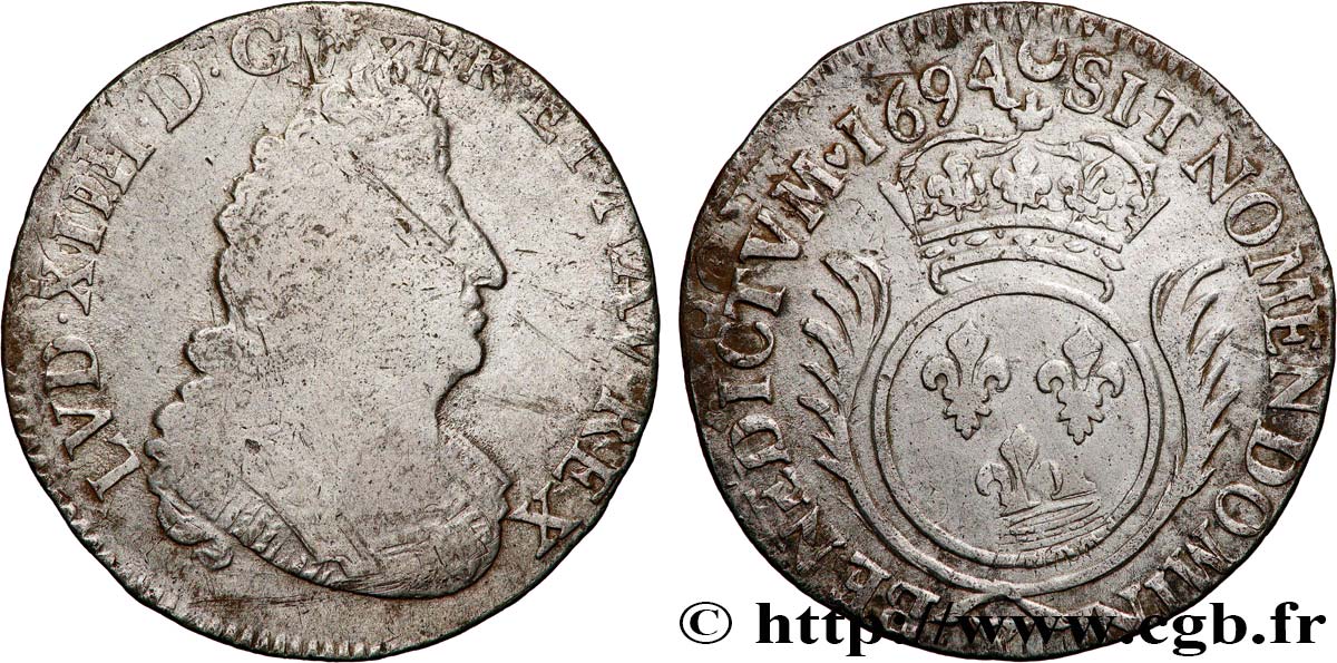 LOUIS XIV  THE SUN KING  Quart d écu aux palmes 1694 Amiens fSS/SS