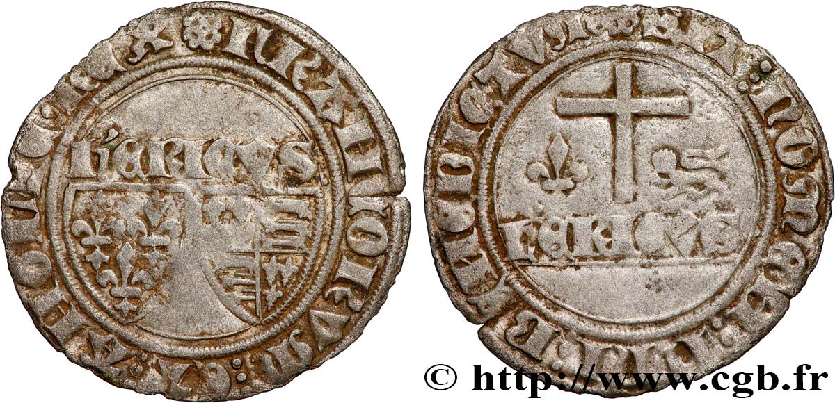 HENRY VI DE LANCASTRE - ROI DE FRANCE (1422-1453) - ROI D ANGLETERRE (1422-1461) et (1470-1471) Blanc aux écus n.d. Auxerre TTB/TB+