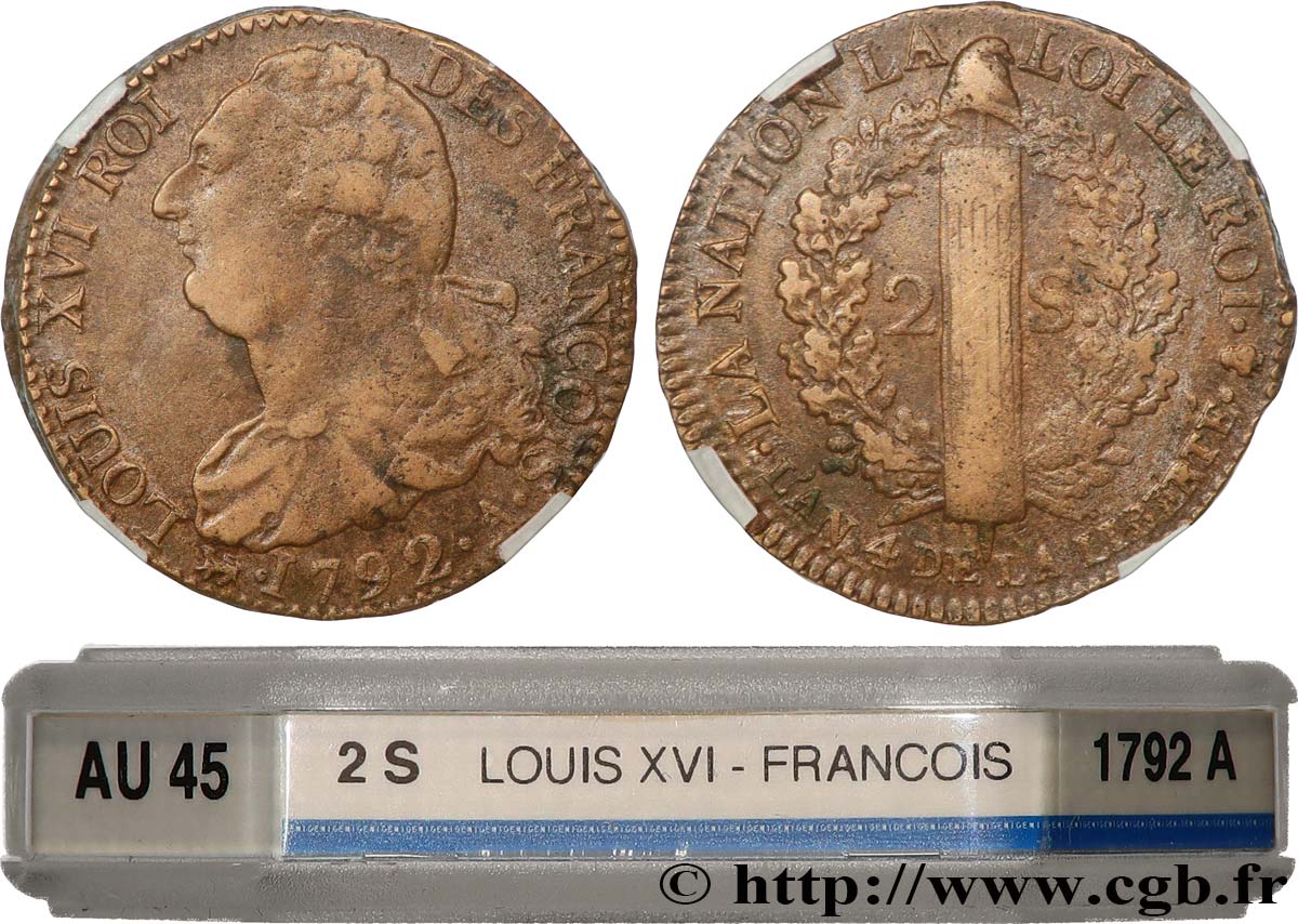 LOUIS XVI 2 sols dit  au faisceau , type FRANÇOIS 1792 Paris BB45