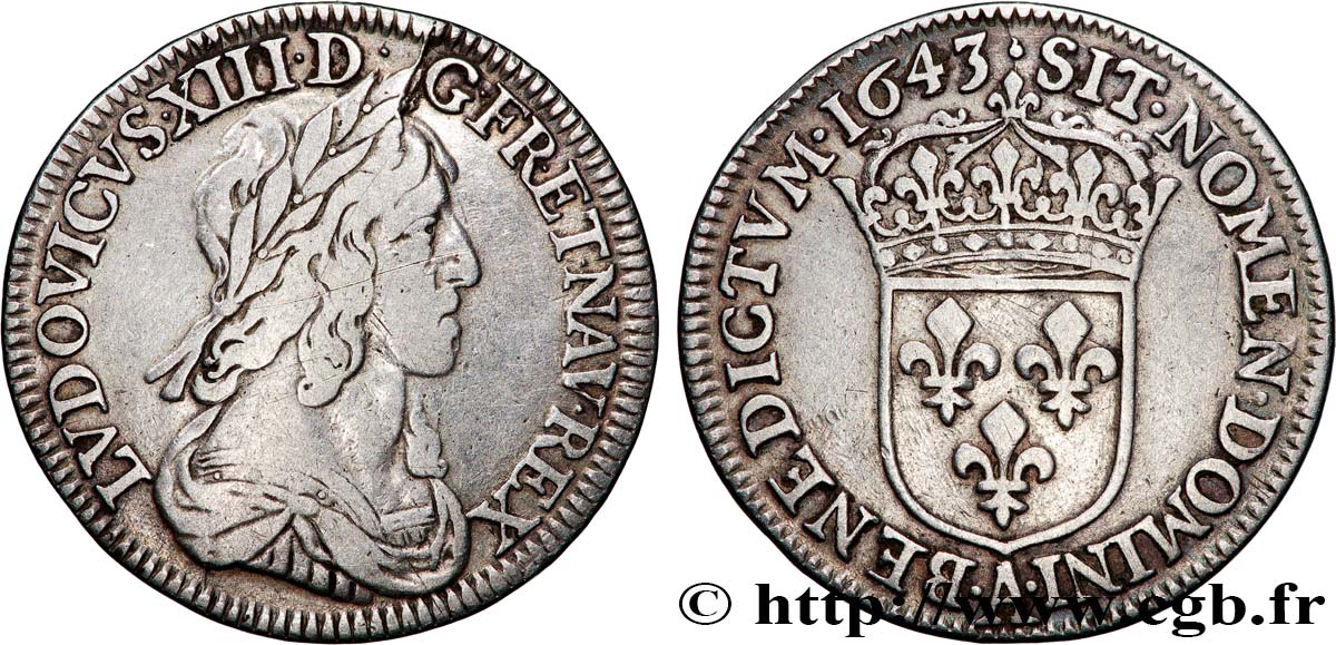 LOUIS XIII  Quart d écu, buste drapé et cuirassé (2e buste de Jean Warin) 1643 Paris, Monnaie du Louvre XF