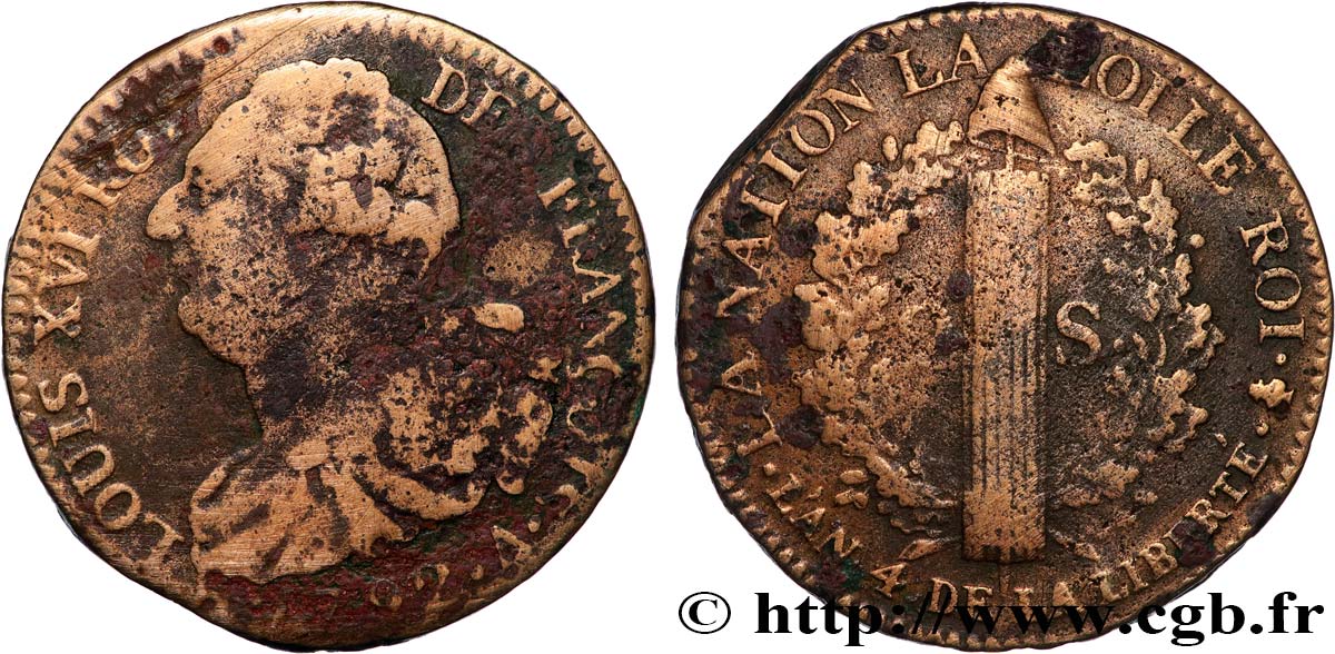 LOUIS XVI (MONARQUE CONSTITUTIONNEL)  2 sols dit  au faisceau , type FRANÇOIS 1792 Paris TB