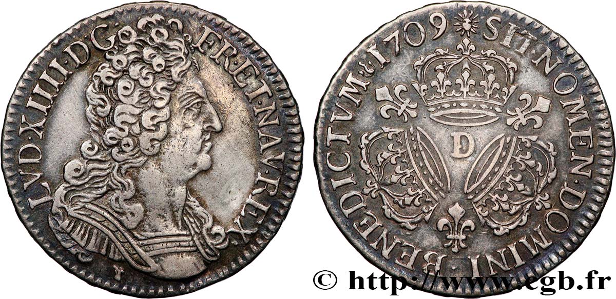 LOUIS XIV  THE SUN KING  Demi-écu aux trois couronnes 1709 Lyon MBC+/EBC