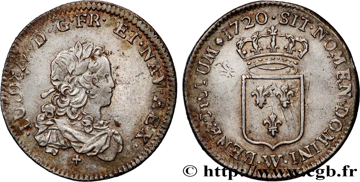 LOUIS XV THE BELOVED Tiers d écu de France 1720 Lille XF/AU