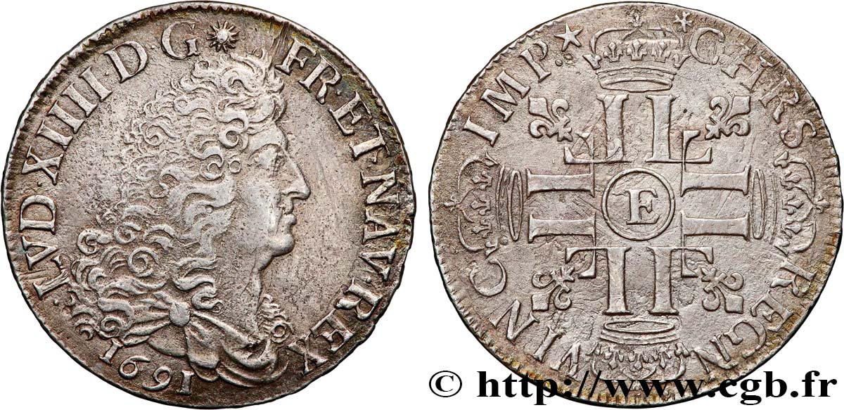 LOUIS XIV  THE SUN KING  Demi-écu aux huit L, 1er type 1691 Tours AU/XF