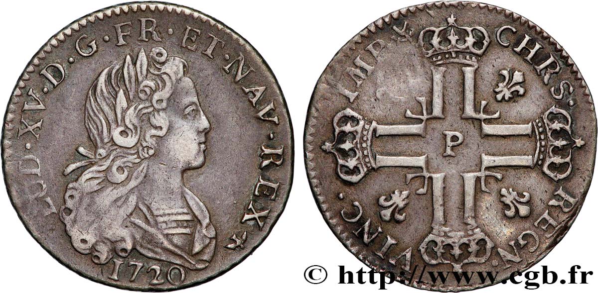 LOUIS XV  THE WELL-BELOVED  Louis d’argent à la croix aux huit L couronnées 1720 Dijon AU/XF