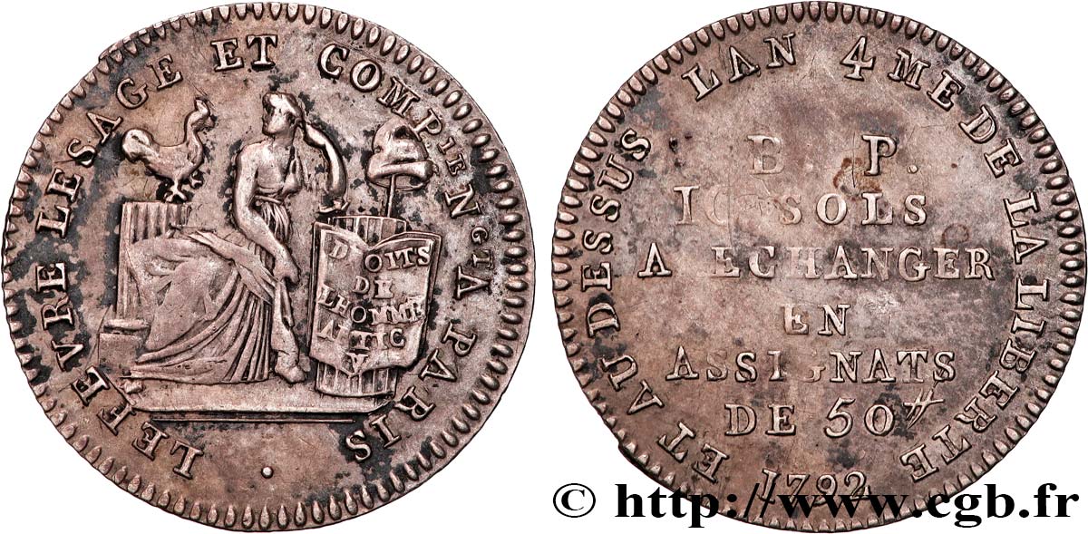 REVOLUTION COINAGE / CONFIANCE (MONNAIES DE…) 10 sols de Lefèvre Lesage et Cie 1792 Paris XF