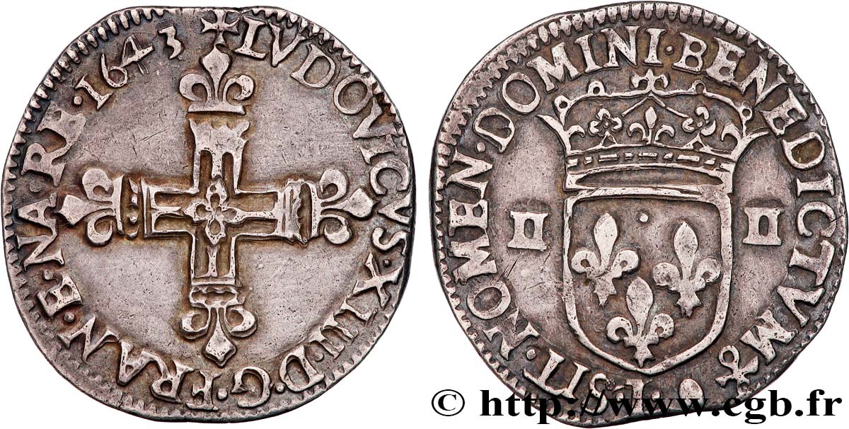 LOUIS XIII  Quart d écu, à la croix fleurdelisée, titulature côté croix 1643 Bayonne SS/fVZ