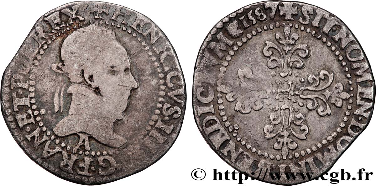 HENRY III Quart de franc au col plat 1587 Paris MB/q.BB