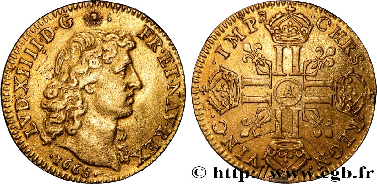 LOUIS XIV  THE SUN KING  Louis d or aux huit L, portrait à la tête nue 1668 Paris AU